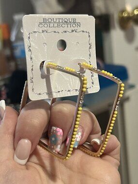 Yellow Beaded Square Hoop Earrings